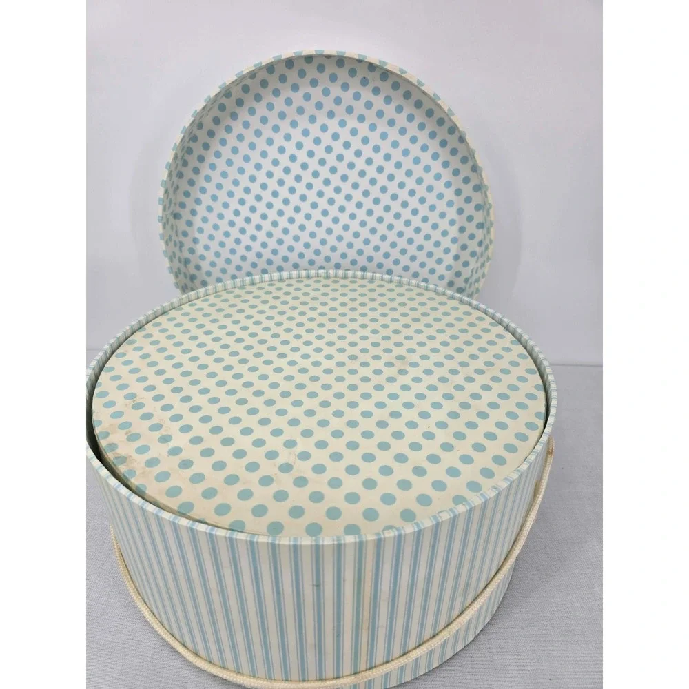 Vintage Style Round Nesting Hat Boxes Light Blue Stripes Polka Dots Set of 2